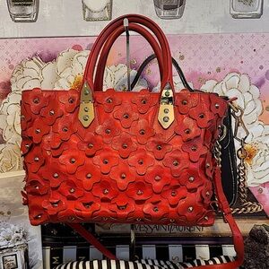 Henri Bendel Red Leather Studded Floral Appliqué 2-Way Bag With Dust Bag